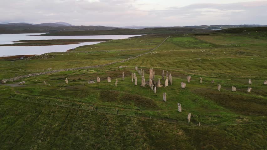 Drone circling over Callanish Stone Circle Lewis and Harris, Scotland