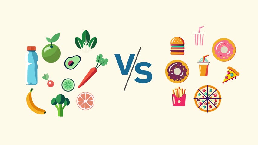 Collection of healthy food items Versus unhealthy food items on the other side. Flat design animation