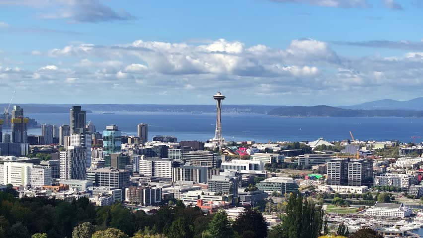 A Sweeping Vista of the Urban Skyline Showcasing the Space Needle in Seattle, Washington, USA - Aerial Drone Shot