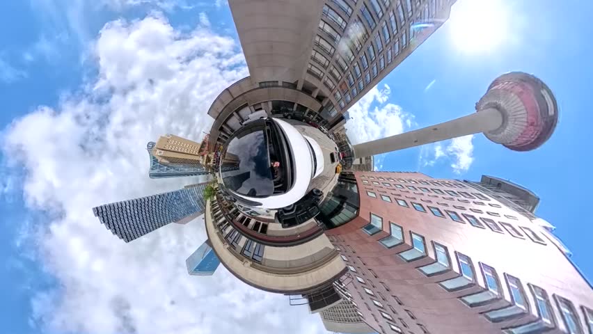 Downtown Calgary, Alberta, Canada. Tiny Planet Street View Driving Past Iconic Buildings And City Landmarks Showcasing The Beauitufl Architecture, Art, And Culture Of The Metropolitan City.
