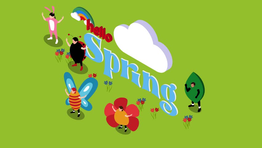 Colorful Isometric Spring Celebration with Costumed Characters 3d animation cartoon