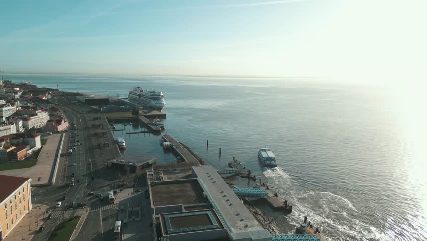 Lisbon, Portugal - Aerial view of Lisbon. Spectacular view of Cruise Ship Terminal of Lisbon. Beautiful promenade of Lisbon. Travel destination
