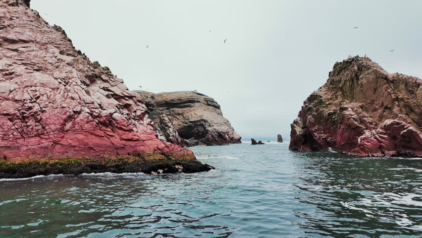 Overcast skies and the raw beauty of the Ballestas Islands, where seabirds glide above jagged rocks in the Pacific Ocean.