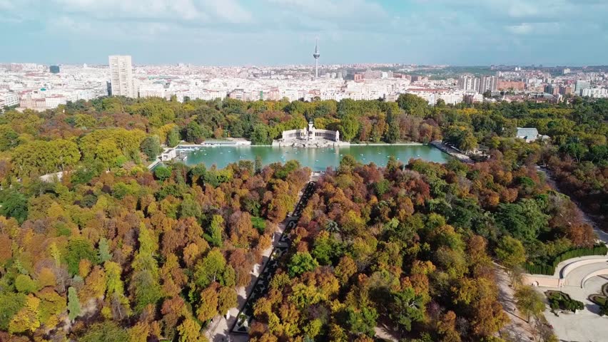 Scenic Madrid El Retiro Park: Lush and Rowing on the sunny weekend happiness drought city