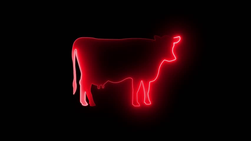 Neon Glowing Cow Animal Icon and Symbol on black background.