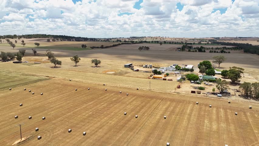 Aerial reveal of round hay bales in a farm paddock in southern NSW Australia