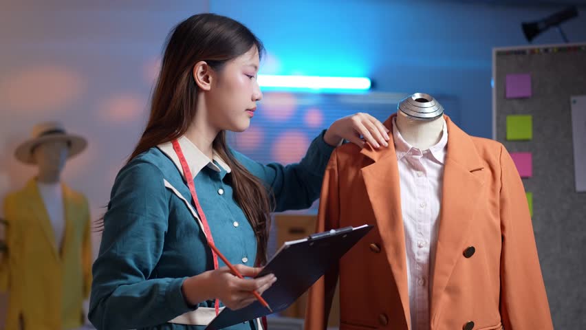 Young asian fashion designer carefully examining orange jacket on mannequin, taking detailed notes while working in her stylish atelier workspace