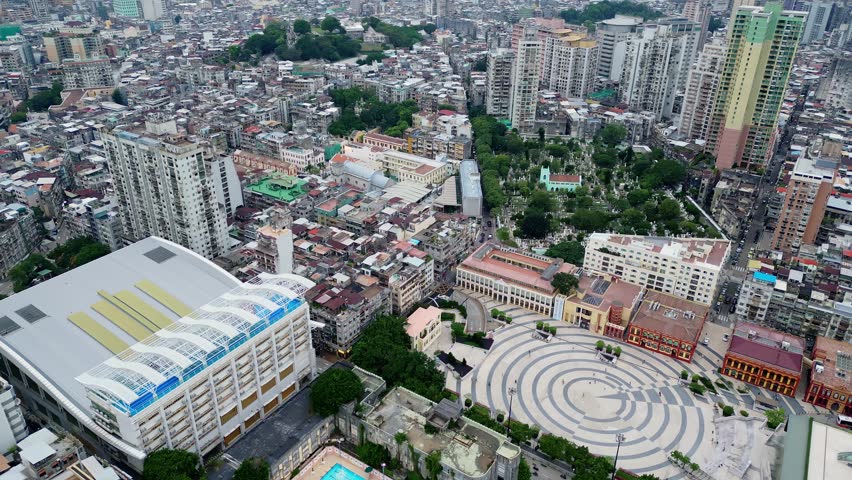 Macau, China: Aerial drone footage of the iconic Tap Seac Square in Macau city center in China. 