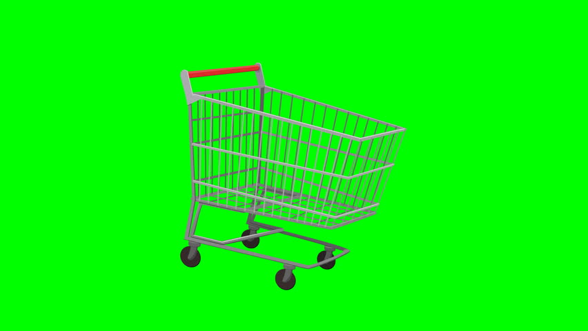 Animation of an empty supermarket trolley arriving from the left to move to the center of the screen on green screen with alpha channel