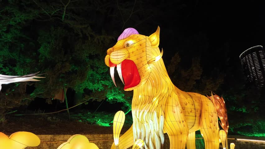 Saber-tooth tiger light during the Chinese Light festival in Dalian Lao Dong park at night