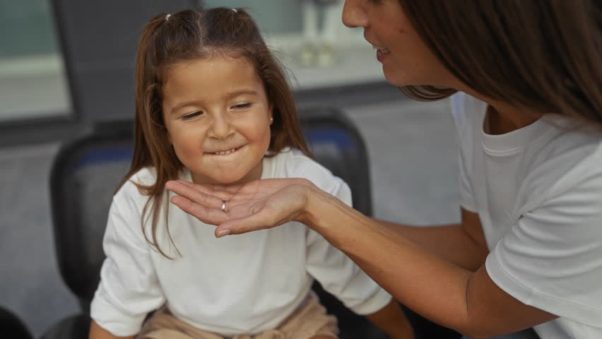Woman kissing smiling daughter in urban street shows family love and happiness outdoors.