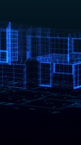 futuristic CAD software interface with blueprint and a modern house in 3d (3d render)