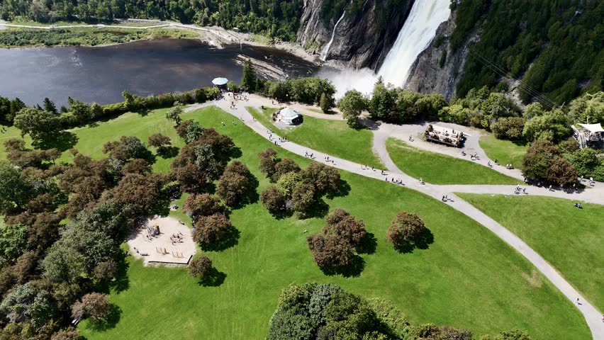 Drone flight above the Montmorency Falls, Quebec, Canada