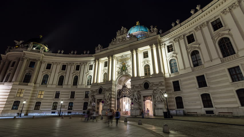 Famous spanish riding school in Vienna, Austria at night. 4k Hyperlapse.