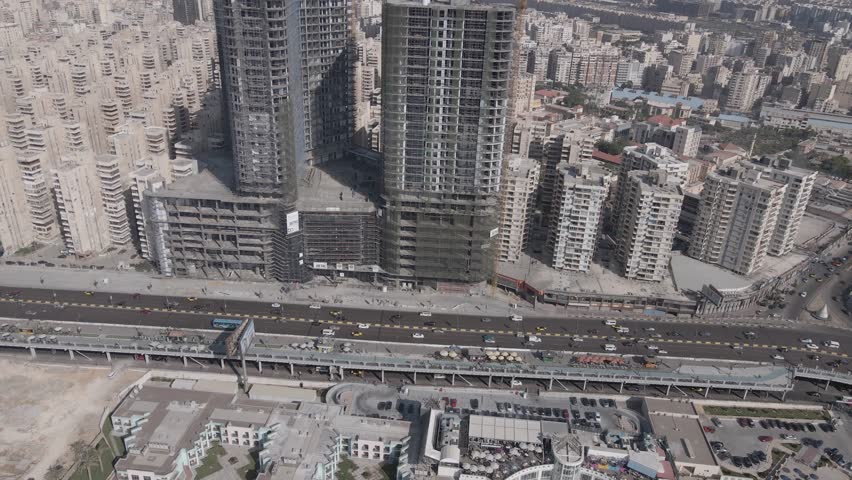 Aerial drone footage of the Mediterranean Corniche in Alexandria, Egypt.