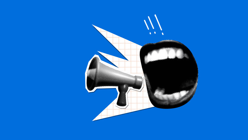 Modern collage with screaming mouth and bullhorn. Halftone newspaper elements. Advertising with megaphone. Woman shouting into loudspeaker to get attention. Animation