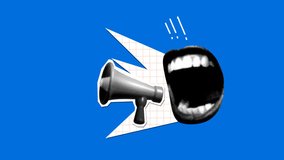 Modern collage with screaming mouth and bullhorn. Halftone newspaper elements. Advertising with megaphone. Woman shouting into loudspeaker to get attention. Animation - Powered by Shutterstock - Get 15% off with code: PIKWIZARD15