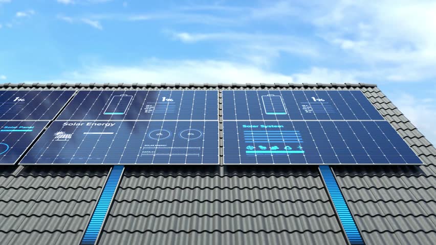 Solar Panels Installed on Rooftop with digital display data, Green alternative energy concept.