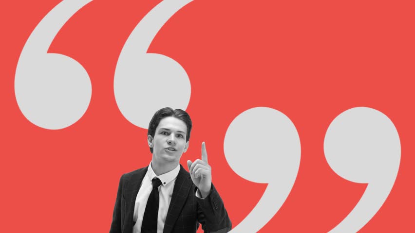 Businessman gestures in front of oversized quotation marks, symbolizing communication, presentation, and public speaking. Business, storytelling, persuasion and influence. Stop motion, animation.