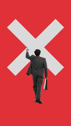 Businessman walks confidently toward large white X on red background, symbolizing challenges, goals, or rejection in business. Concept of business, decision-making. Stop motion, animation.