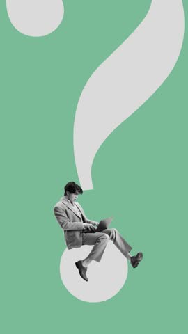 Businessman sits on large question mark while working on laptop, symbolizing problem-solving, curiosity, and decision-making. Concept of business, strategic-thinking. Stop motion, animation.