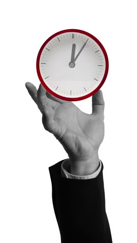 Monochrome hand holding a minimalist clock with red accents, symbolizing time management, urgency, and control in a surreal visual. Stop motion, animation. Concept of deadlines, business