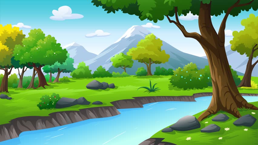 Cartoon Nature Landscape with river and trees and mountains