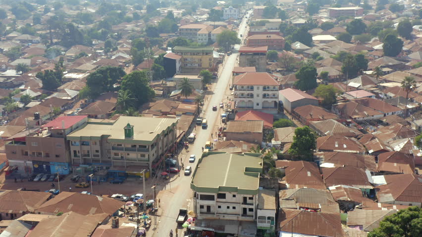 Panorama Of Residential Neighbourhood In Guinea-Bissau On West Africa. Aerial Drone Shot