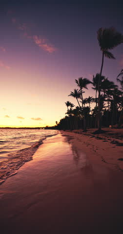 Sea sunrise over tropical beach with lush palm trees silhouettes, turquoise waters, soft white sands punta cana, dominican republic 