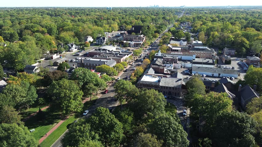 Worthington Ohio, aerial drone footage of historic downtown area, central ohio,a suburb of Columbus, Ohio just north of the city.