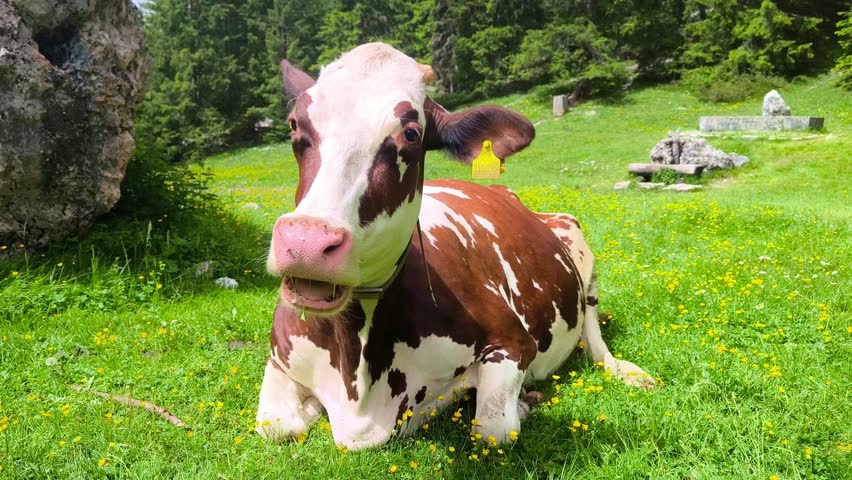 Close-up Portrait Of A Chewing Cow On Vallunga Valley Above Selva, Val Gardena, Dolomites, Italy.