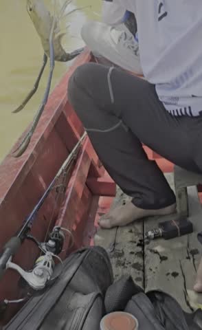 a person on a boat holding a fishing rod with a large freshwater prawn Macrobrachium species, likely Giant River Prawn or locally known as Udang Galah impaled by the hook.