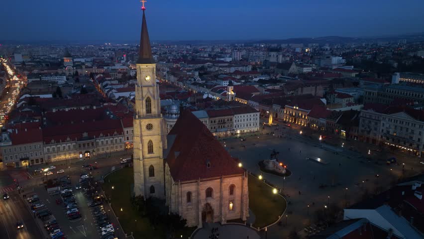 night Cluj Napoca aerial view, central square in Romanian town of Cluj Napoca, travel in Transilvania, Romania 