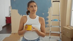 Woman holding a yellow cup in a newly painted living room with unpacked boxes and a ladder, brunette appears relaxed amid a home improvement project. - Powered by Shutterstock - Get 15% off with code: PIKWIZARD15