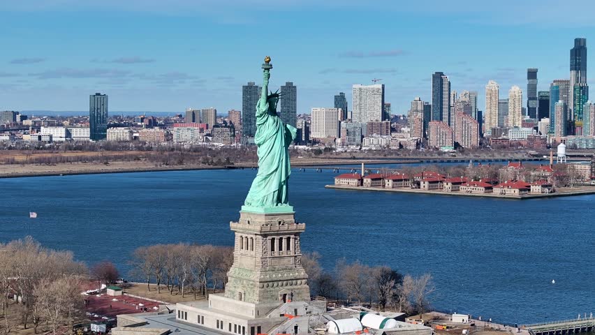 Liberty Statue At Jersey City In New Jersey United States. Democracy Symbol. Downtown New York. Liberty Statue At New Jersey United States. Manhattan Cityscape.