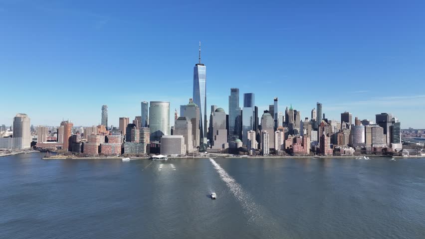 New York Skyline At Manhattan In New York United States. Highrise Buildings Scenery. Financial District. New York Skyline At New York United States. Coastline Landscape.