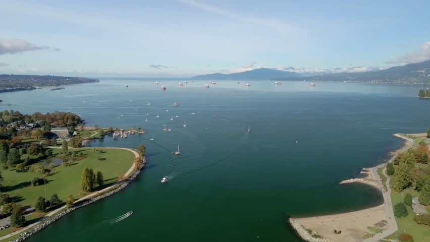 Overlooking English Bay In Downtown Vancouver, British Columbia, Canada. Aerial Shot