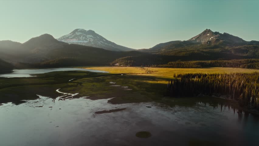 4K Aerial Drone footage of Sparks Lake, Oregon. Mt Bachelor in the distance. Deschutes National Forest, Bend, Oregon. Beautiful untouched nature.