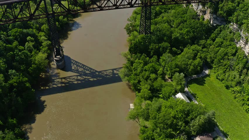 Aerial view of High Bridge railroad trestle and Kentucky River palisades in Central Kentucky