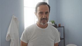 Mature man standing in a hospital room wearing a white shirt with a calm expression amidst a bright, minimalist setting with soft light from a large window. - Powered by Shutterstock - Get 15% off with code: PIKWIZARD15