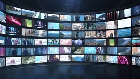 Large curved video wall displaying various video clips and images, including question marks, suggesting uncertainty or a quest for answers - Powered by Shutterstock - Get 15% off with code: PIKWIZARD15