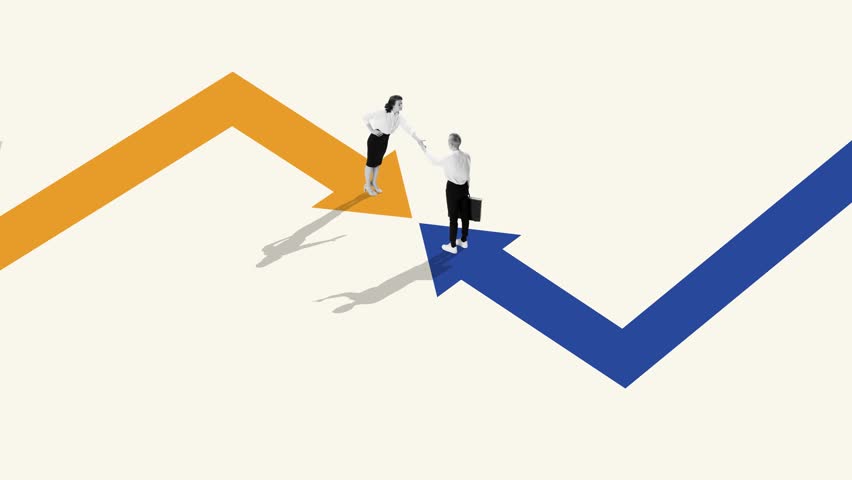 Stop motion. Animation. People move in direction of arrows and extend their hands to each other to cooperate and develop projects together. Concept of partnership, business acquisition, deals. Ad