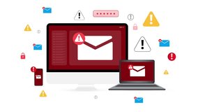 Spam email appears on the screen of all devices with 4k animation. Electronic mail, phishing, alert, warning, red, laptop, mobile. - Powered by Shutterstock - Get 15% off with code: PIKWIZARD15