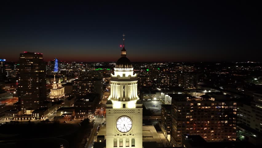 Philadelphia Skyline At Philadelphia Pennsylvania United States. Aerial View Of A Bustling Downtown Cityscape With Modern Buildings. Night Street Downtown Cityscape. Night Downtown Panning Wide.