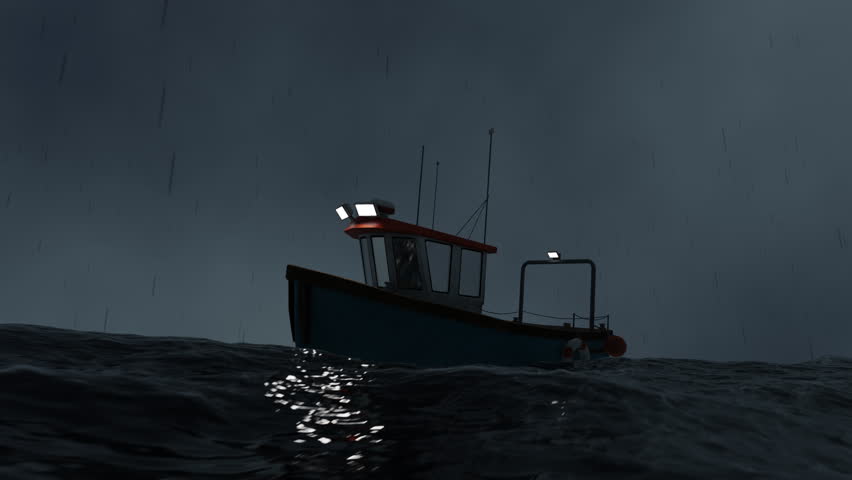 A ship floating dangerously alone in a stormy sea.
