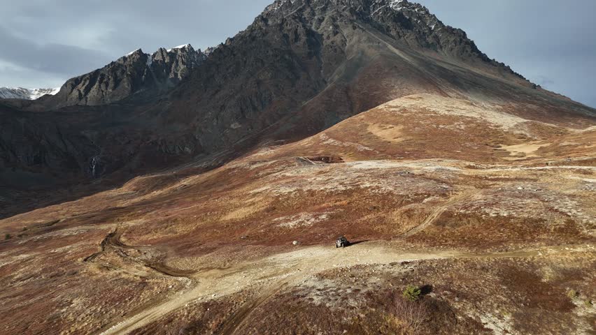 4x4 car exploring Chugach State Park, Alaska. Aerial