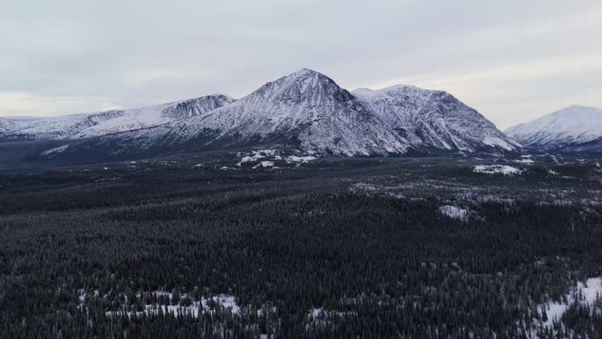 Snow-covered Mountains With Dense Forest In Foreground Near Takhini River In Yukon, Canada. drone shot