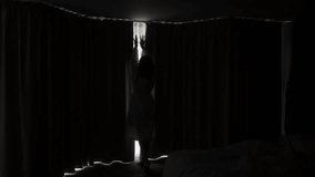 Slow motion of woman in robe opens curtains in room, revealing forest view outside. Wake up at the morning, weekend vacation on nature. Designed luxury home interior. self-care, new day starting - Powered by Shutterstock - Get 15% off with code: PIKWIZARD15