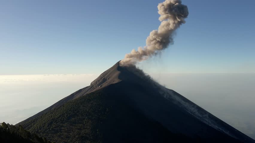 Volcán de Fuego Guatemala active volcano stratovolcano ash plume smoke, aerial