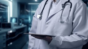 Close up of doctor holding tablet with examination result hologram floating at laboratory. Medical worker using technology innovation to analyze human anatomy. HUD Dashboard Whole Body. Remedial. - Powered by Shutterstock - Get 15% off with code: PIKWIZARD15